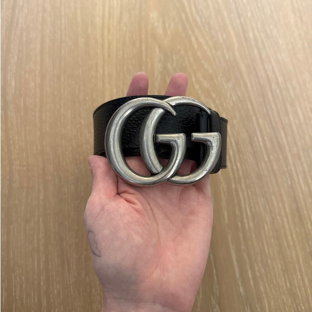 Gucci Belt GG Marmont Leather Black Antique Silver - Picture 1 of 5